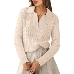 Women's Cable Knit V-Neck Sweater – Fall Fashion Essential in Parchment Beige